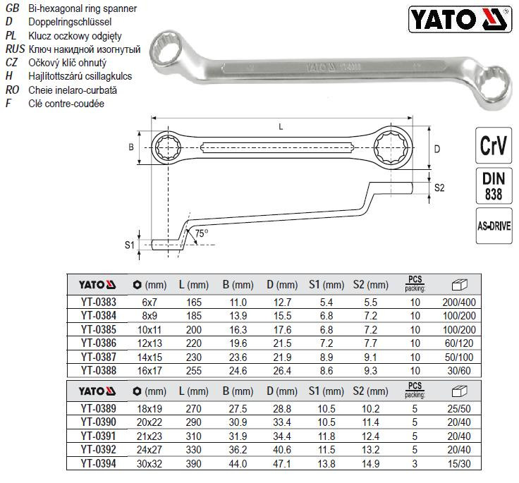 Ключ накидний вигнутий YATO CrV М=18х19 l=270 мм YT-0389