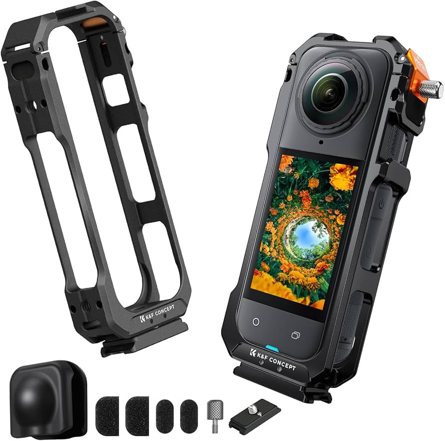 Клітка для камери K&F CONCEPT для Insta360 X5, алюмінієва, 2 cold shoe, 1/4”, силіконовий захист об’єктива, фото 1