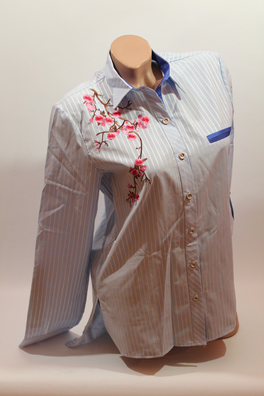 Жіночі сорочки смужка з вишивкою "Сакура" оптом VSA світло-блакитний