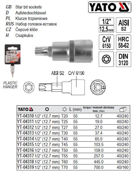 Головка торцева вставка TORX 1/2" Т20х55 мм YATO YT-04310