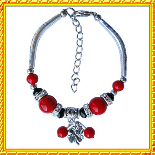 Східний Браслет Металевий Лист Конюшини з Червоними Кораловими Намистинами, L=17+4 см