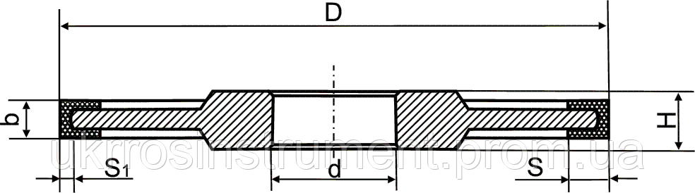Алмазний шліф.круг (ПП) форми — 14 U1 D — 250 мм*H — 20 мм*b — 16 мм-S-8 мм*s1-3 мм АС4 125/100 В2-01 100%