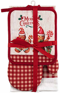Подарунковий набір для кухні ARDESTO Christmas Gingerbread, 3шт, 100% бавовна (рушничок), 100% поліестер (прихватки), червоний