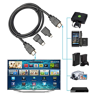 Кабель HDMI, 1,5м, 3в1 micro HDMI, mini HDM, HDMI-HDMI, Чорний / Аудіо-відео кабель з перехідниками / Шнур HDMI