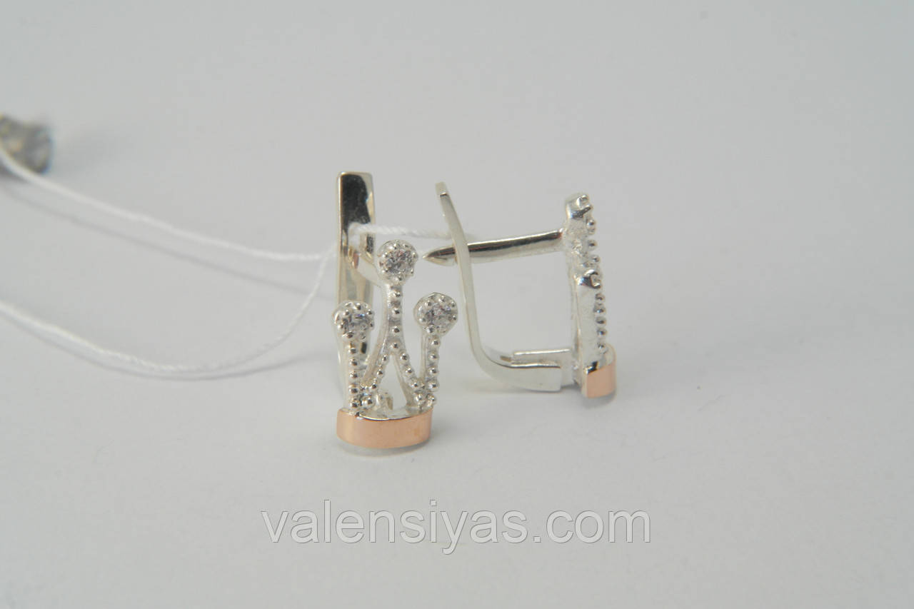 Срібні сережки у формі корони із золотом і фіанітами