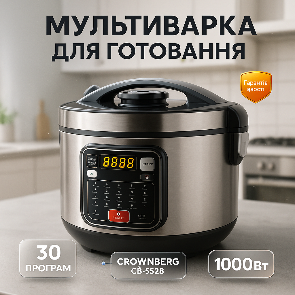 Мультиварка 30 програм Crownberg CB-5528 5л 1000Вт електронне керування з дисплеєм та функцією скороварки ML-90, фото 1