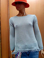 Туника женская вязанная с кружевом, туника тоненькая, цвет светло-серый, размер 46-48