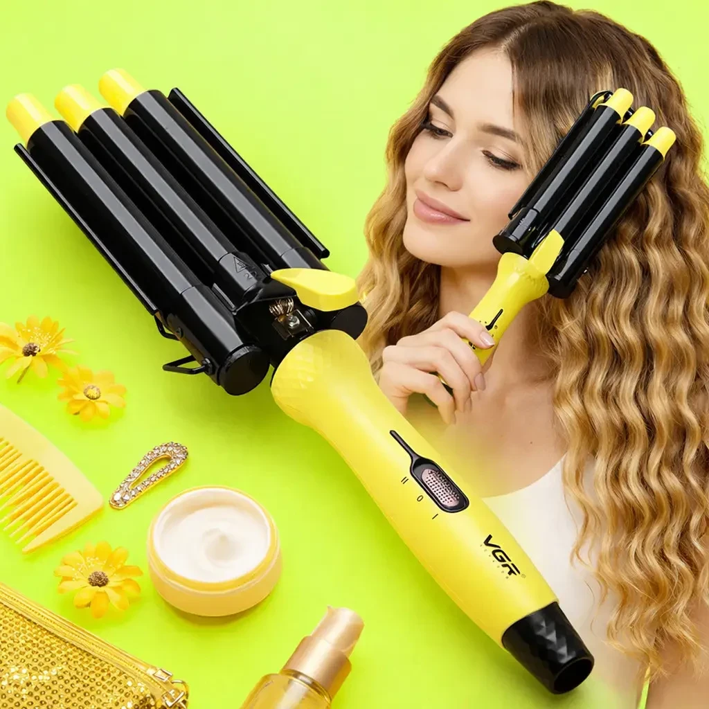 Потрійна плойка для волосся, діаметр 22 мм, VGR V-595, Жовтий / Плойка три хвилі / Плойка для завивки волосся, фото 1