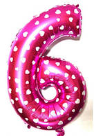 Качество! Фольгированный красивый шар Цифра "6", Розовый, высота 65 см