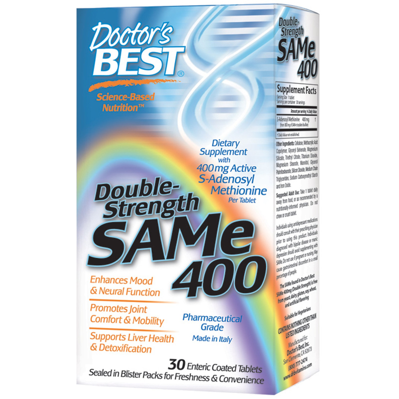Doctor's Best, SAM-e (S-Adenosyl-L-Methionine) 400, Двойная сила, 30 таблеток