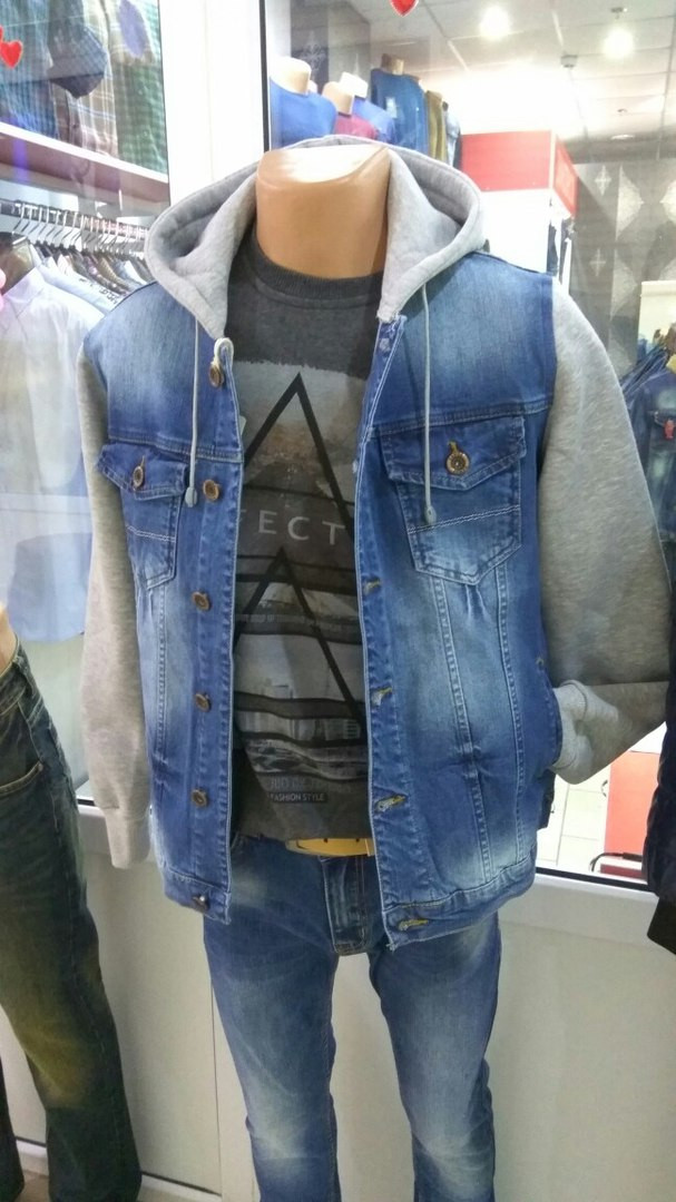 Куртка Range джинсова унісекс з сірими рукавами капюшоном S синій, фото 1