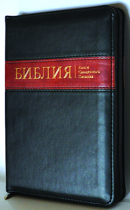 Біблія, синодальний переклад, 13,5х18,5 см, шкірзамінник, з коричневою вставкою, замок, індекси, золото., фото 1