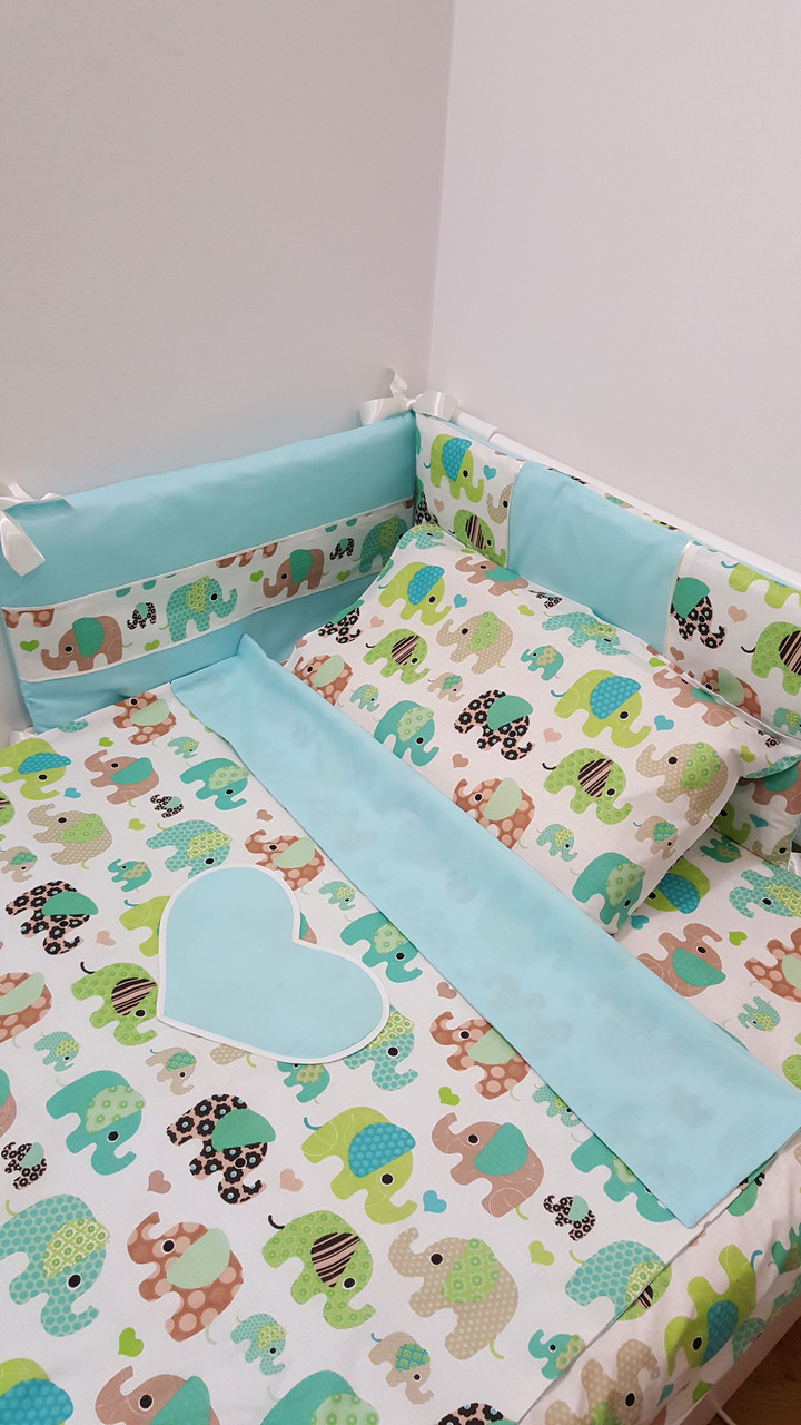 Постіль у дитяче ліжечко для немовлят Слоники Ментол м'які бортики, фото 1