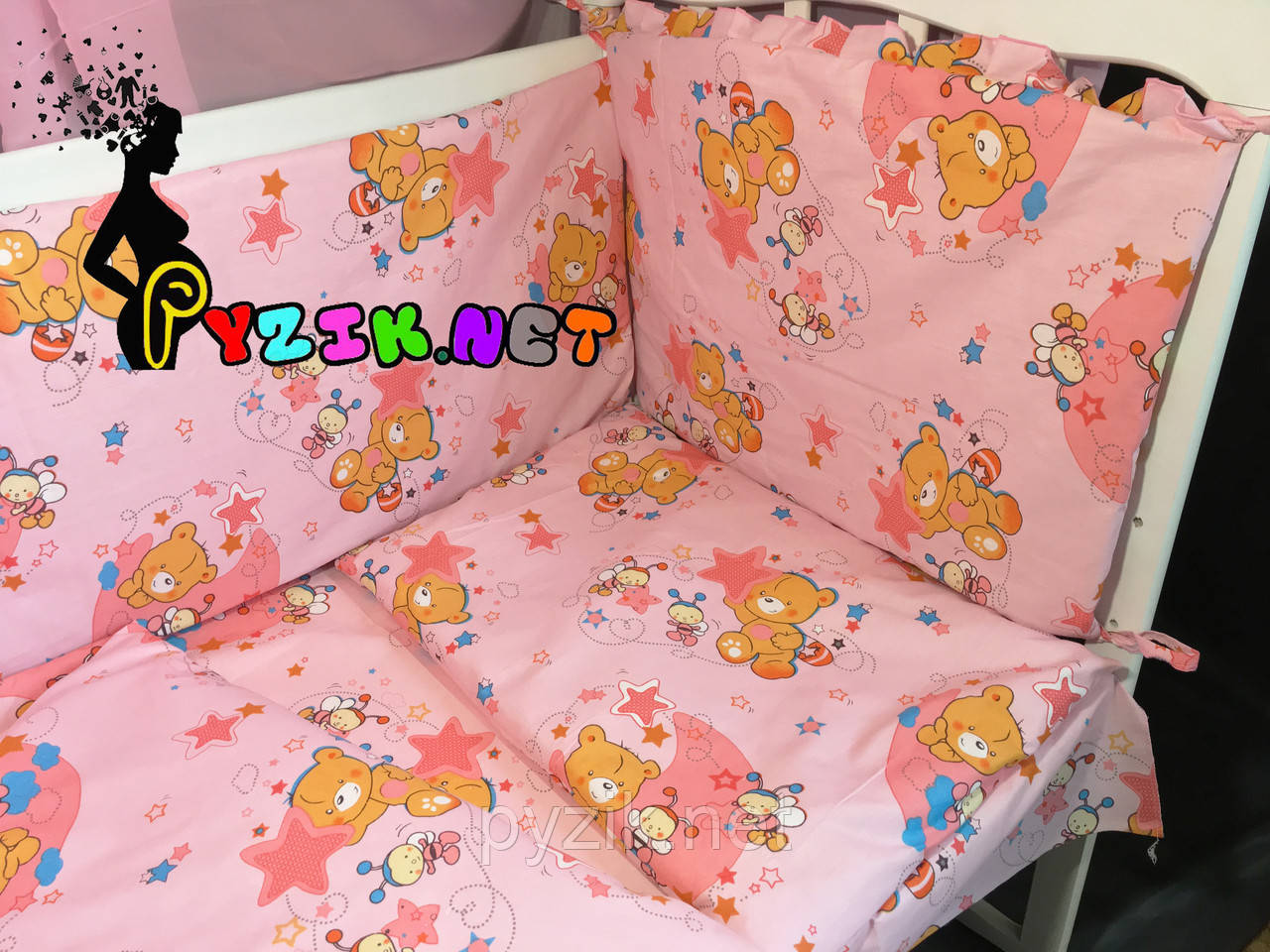Постільний набір в дитячу ліжечко (8 предметів) Premium "Ведмедики бджілки" рожевий