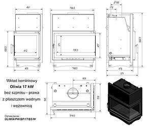 Каминна топка з водяним контуром KRATKI OLIWIA PW 17 ПРАВЕ БОКОВЕ СТЕКЛО БЕЗ РАМИ + змійовик, фото 3