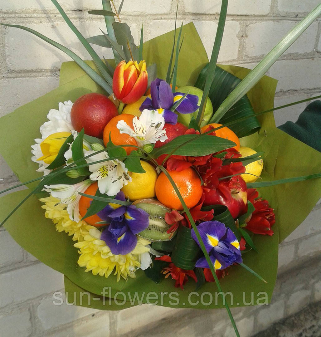 Веган -букет "весняні квіти плюс фрукти" Запоріжжя, фото 1