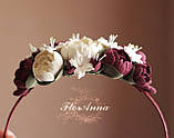 Обруч-віночок для волосся з квітами ручної роботи "Елегантний бордо", фото 4