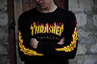 Стильный свитшот | thrasher flame fire | черная кофта с огненными рукавами