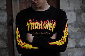 Стильний світшот | thrasher fire flame | чорна кофта з вогняними рукавами