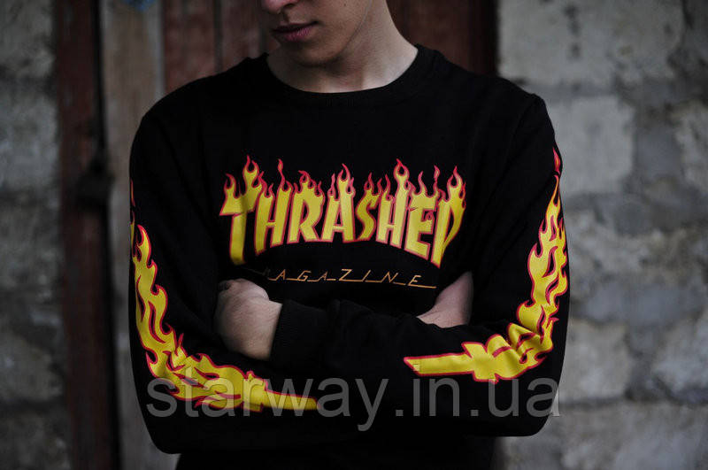 Стильний світшот | thrasher fire flame | чорна кофта з вогняними рукавами, фото 1