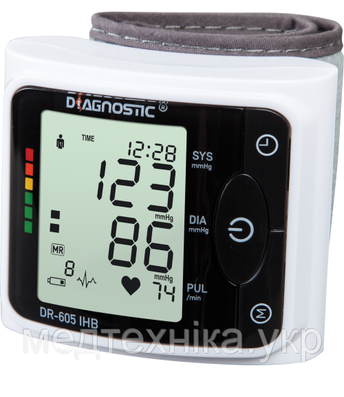 Тонометр автоматичний на зап'ястя Diagnostic DR-605 IHB з індикатором аритмії, пам'ять на 120 вимірювань, Польща