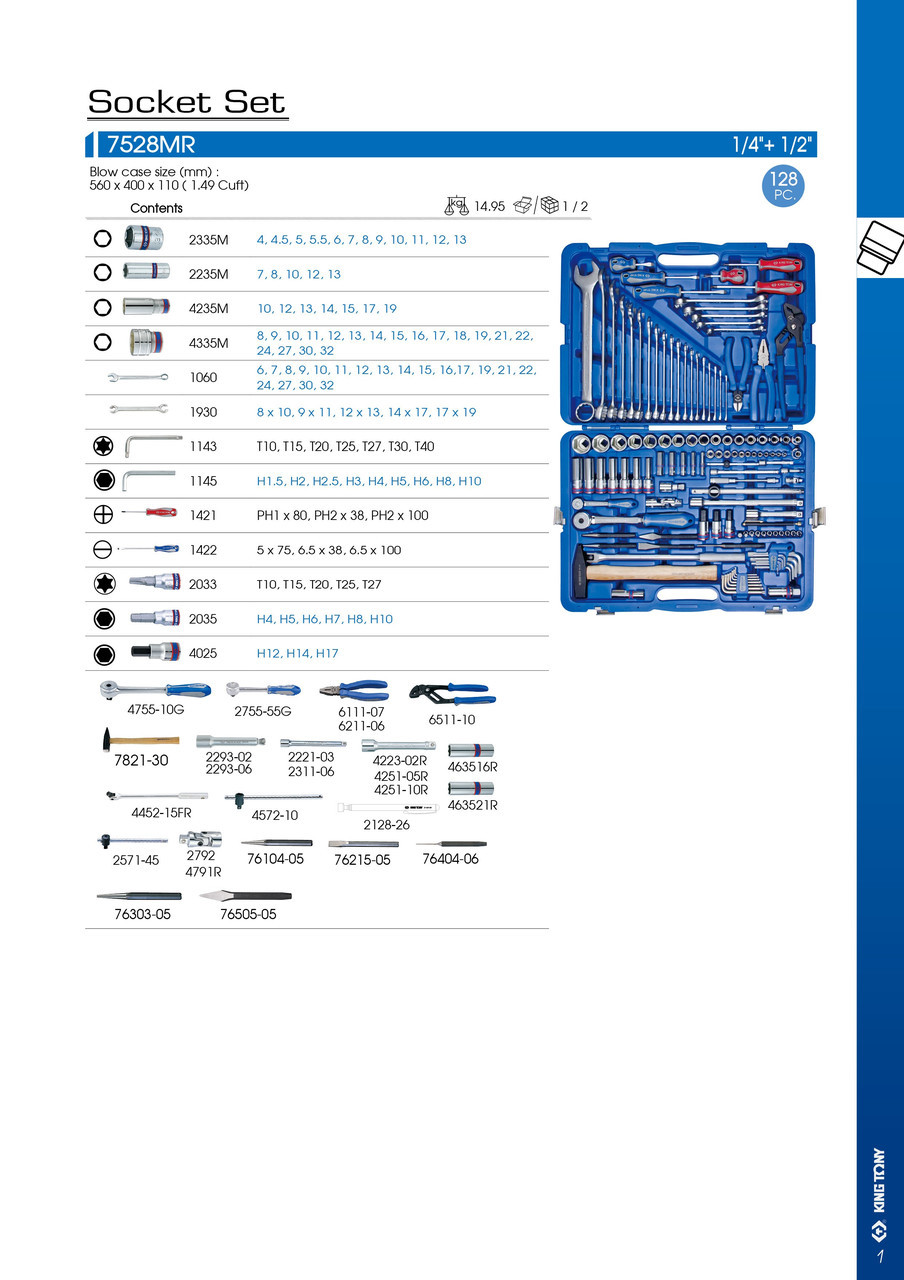 Набор инструментов 128 ед. 1/4"+1/2" KINGTONY 7528MR - фото 2 - id-p504735399