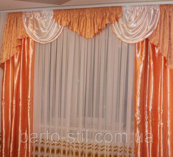 Ламбрекен з атласними шторами "Евеліна" Персикового кольору. для спальні, пригостої.На карниз 2.5 м — 3.5 м.