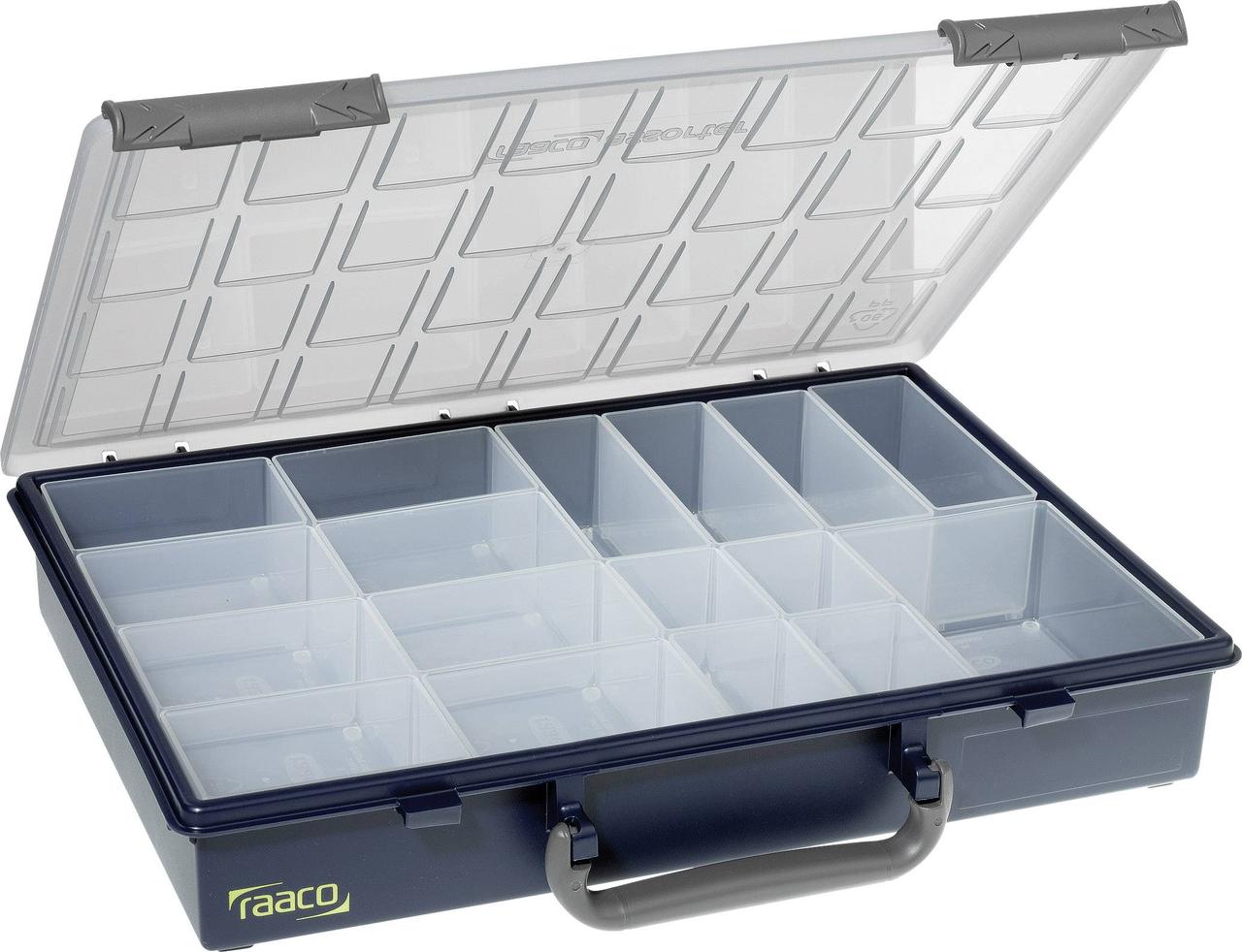 Сортировщик Raaco 55 4x8-17, коробка (Д x Ш x В) 338 x 261 x 57 мм. Количество отделений: 17 фиксированных перегородок. Содержимое