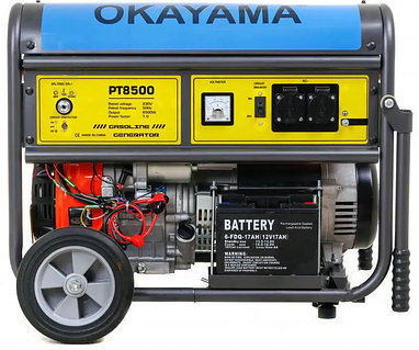 Мощный бензиновый генератор (электрогенератор) OKAYAMA PT-8500: 7.0/7.5 кВт, 1 фаза, 4-тактный, медная обмотка