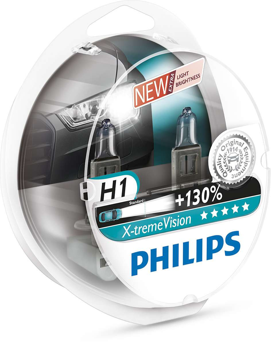 Комплект галогенних ламп PHILIPS 12258XVS2 H1 X-treme Vision+130% 12V 55W
