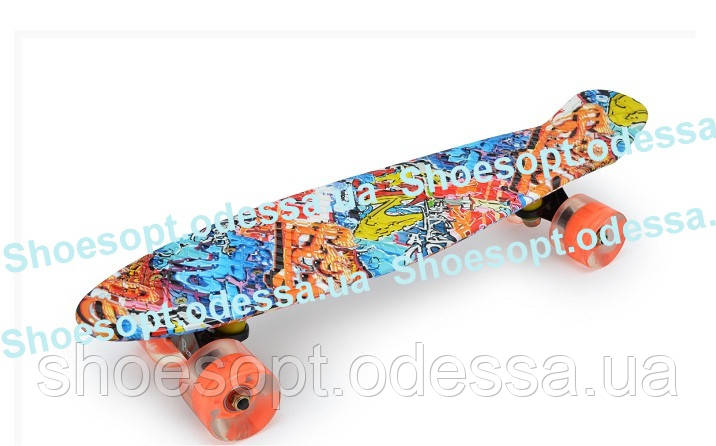 Пеніборд скейтборд (Penny Board) New Графіті зі світними колесами, фото 1