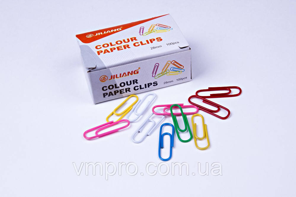 Скріпки канцелярські Jiliang різнобарвні (28 мм/100 шт.), скріпки для офісу, школи, дому. - фото 1 - id-p505824564