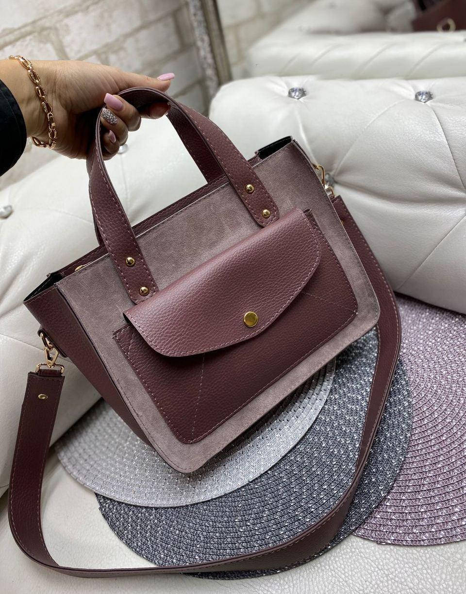 

Женская классическая сумка средняя модная сумочка темная пудра замша+кожзам