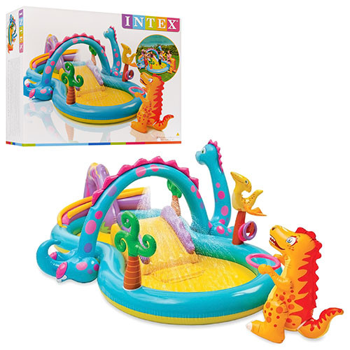 Детский надувной игровой центр Intex 57135. "Планета динозавров", с горкой, душем, мячиками и игрушкам. - фото 1 - id-p506144048