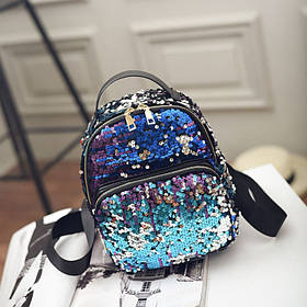 Модний маленький рюкзак жіночий міський паєтки. Рюкзак з паєтками двосторонніми Синій