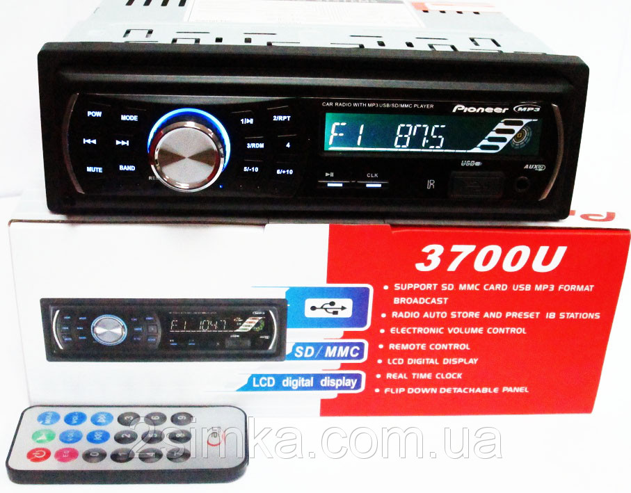 Автомагнітола 3700U — USB-флешки + SD карти пам'яті + AUX+FM (4x50W)
