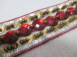 Тасьма  зі стразами "На тасьмі" 22 мм червона зі сріблом. Тесьма со стразами