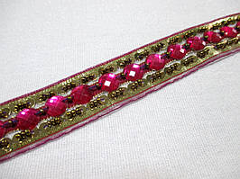 Тасьма  зі стразами "На тасьмі" 22 мм малинова зі золотом. Тесьма со стразами
