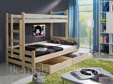 Ліжко двоповерхове три спальних місця дерев'яне Бенджамін (вибір кольору, виготовлення під розмір)