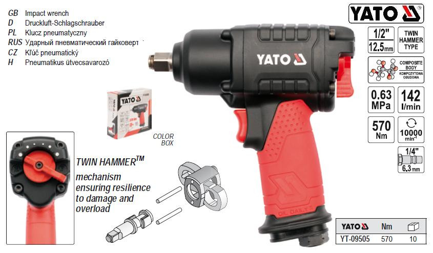 Гайковерт ударний пневматичний YATO 1/2" F=570 Nm YT-09505