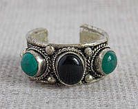 Кольцо "3 камня" с обсидианом, бирюзой и зеленым ониксом. Кольца с камнями