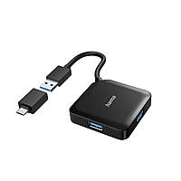 Hama 00200116 USB-концентратор, 4 порта USB-A, USB 3.0, 5 Гбит/с, с разъемом USB-C, черный.