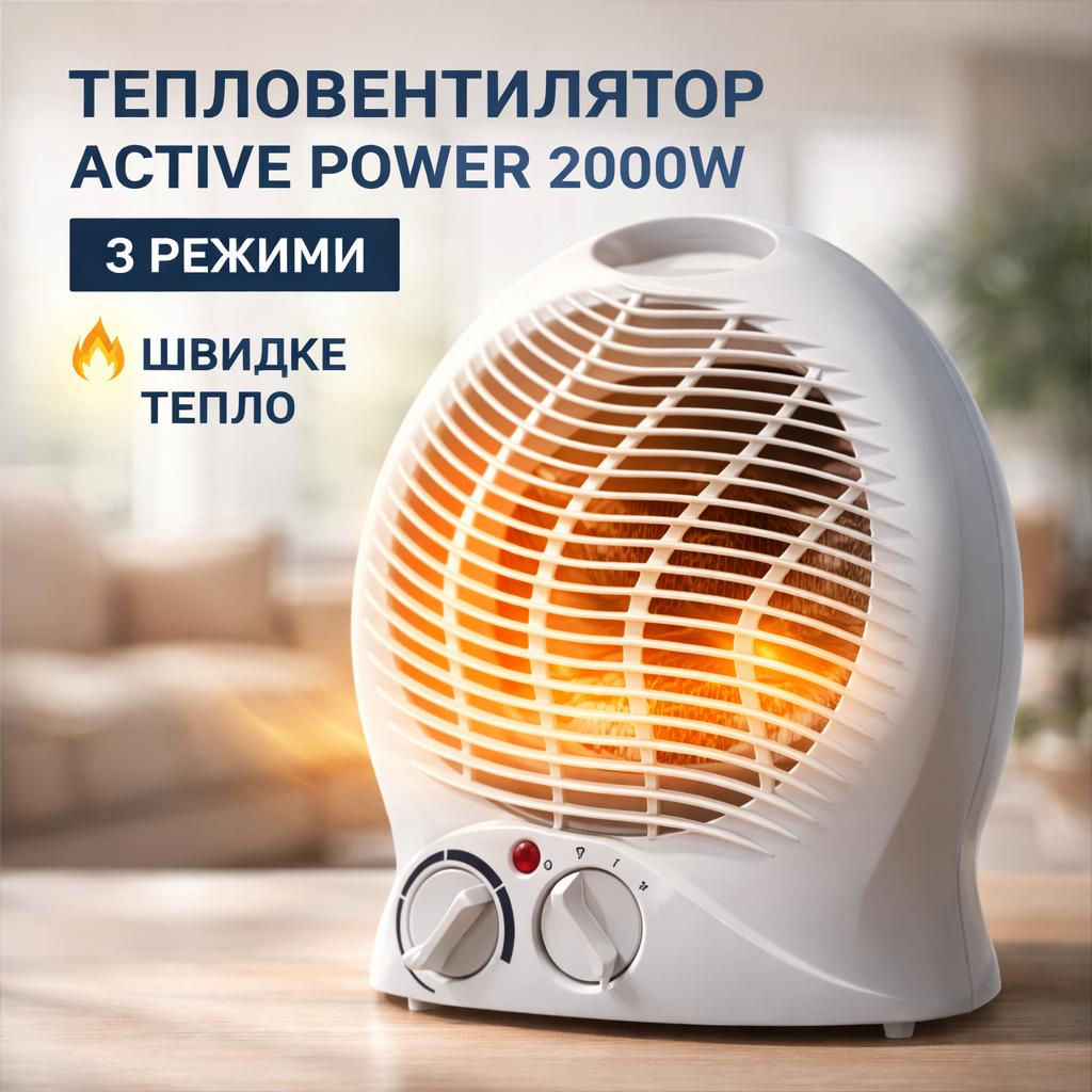 Обогреватель тепловентилятор Active Power 2000Вт, механический термостат, 3 режима, защита от перегрева, фото 1