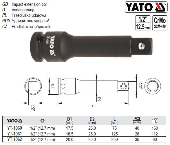 Подовжувач YATO подовжувач ударний 1/2" l=75 YT-1060