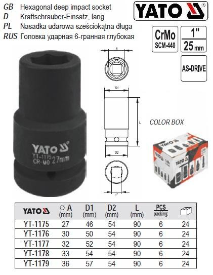 Головка ударна довга 1" М32х90 мм YATO YT-1177
