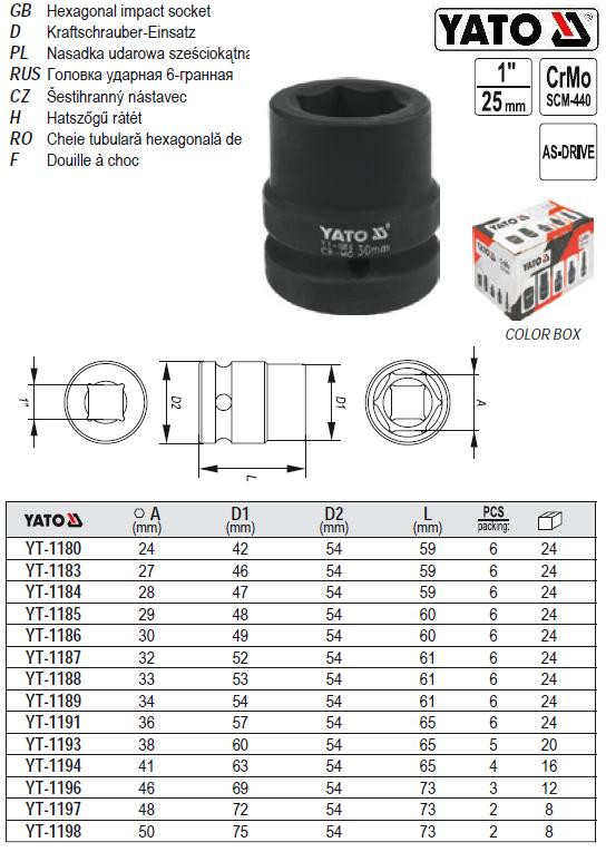 Головка ударна 6-гранна 1" М=32 l=61 мм YATO YT-1187