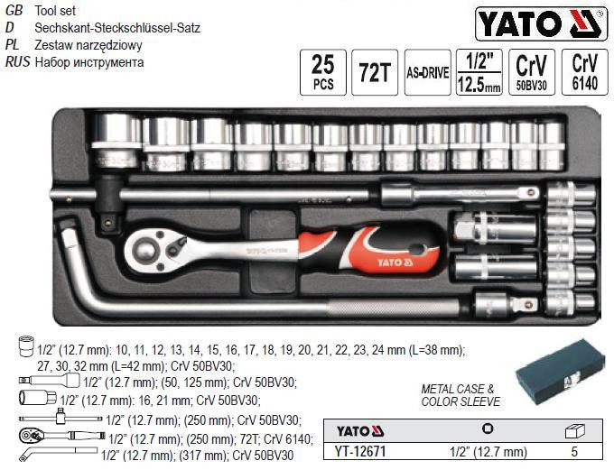 Набір торцевих головок 1/2" 25 штук YT-12671
