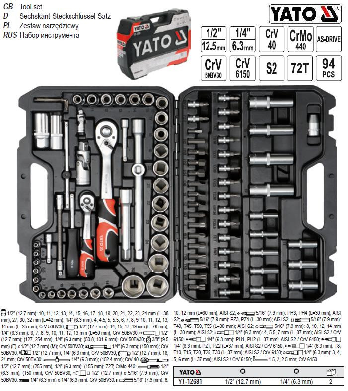 Набір торцевих головок 1/2" 1/4" 94 предмета YT-12681