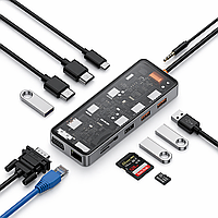Адаптер Хаб 11в1, USB-C to USB3,0, SD/TF, HDMI, RJ45, VGA, CB011, Серый / Хаб для ноутбука / Переходник HUB / Хаб адаптер