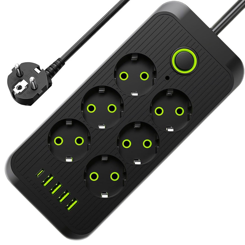 Сетевой фильтр 2м, 2500Вт, 6 розеток, 4хUSB, 1хType-C, Черный / Удлинитель с usb / Переноска розетка / Удлинитель с выключателем, фото 1